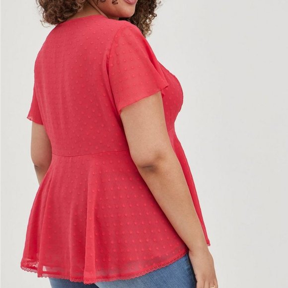 Torrid Peplum Chiffon Clip Dot Lace Inset Top - Picture 2 of 16
